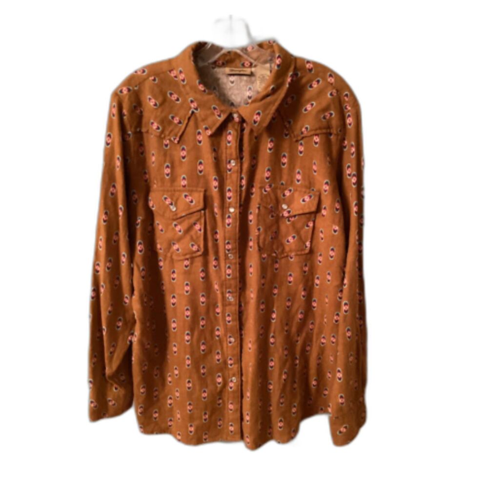 Wrangler XL Rust Orange Southwest Print Cotton Flannel Pearl Snap Shirt